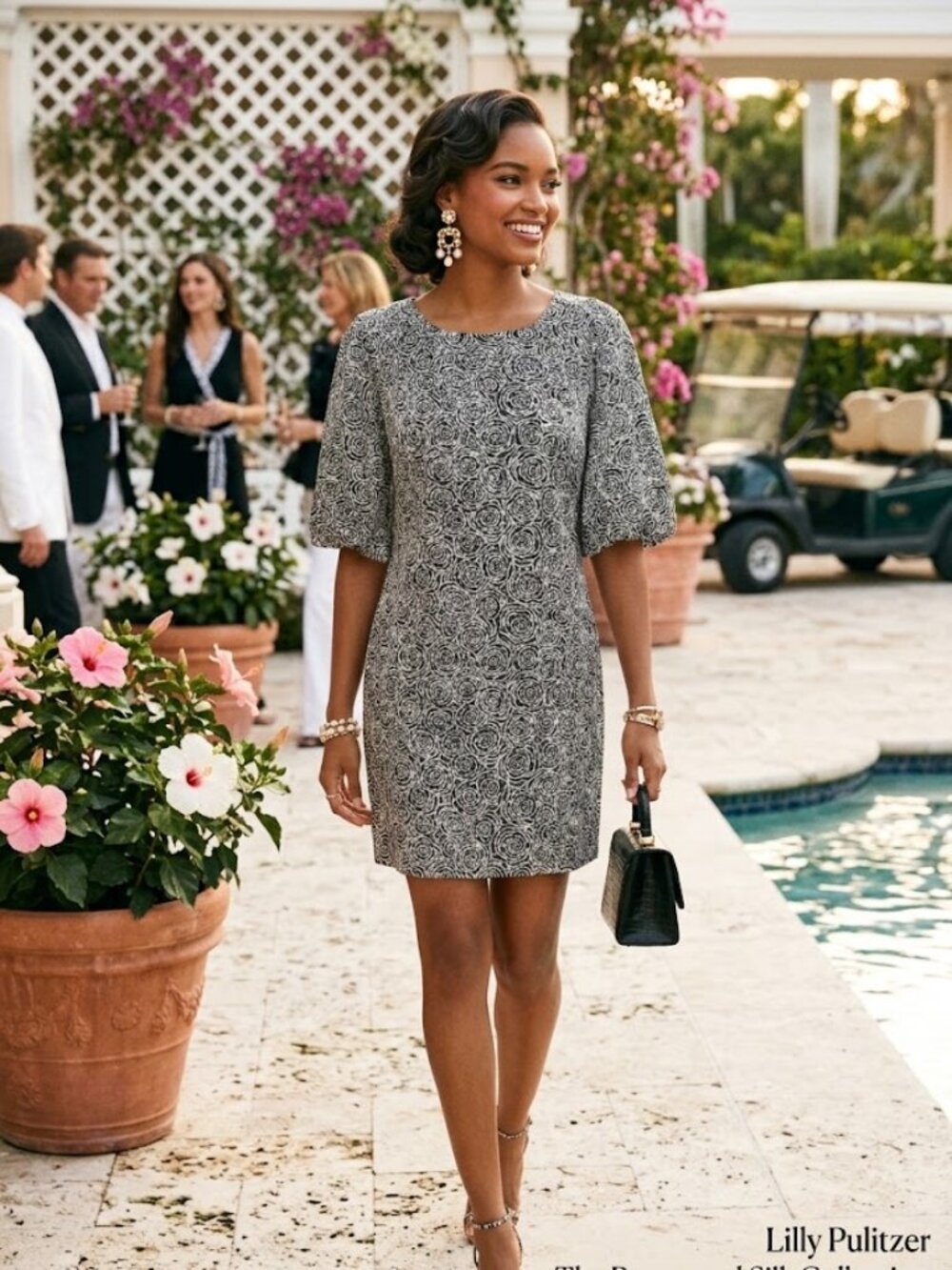 Lilly Pulitzer Rosewood Dress sz 6 Black White Rose Silk Blend Puff Sleeve $149